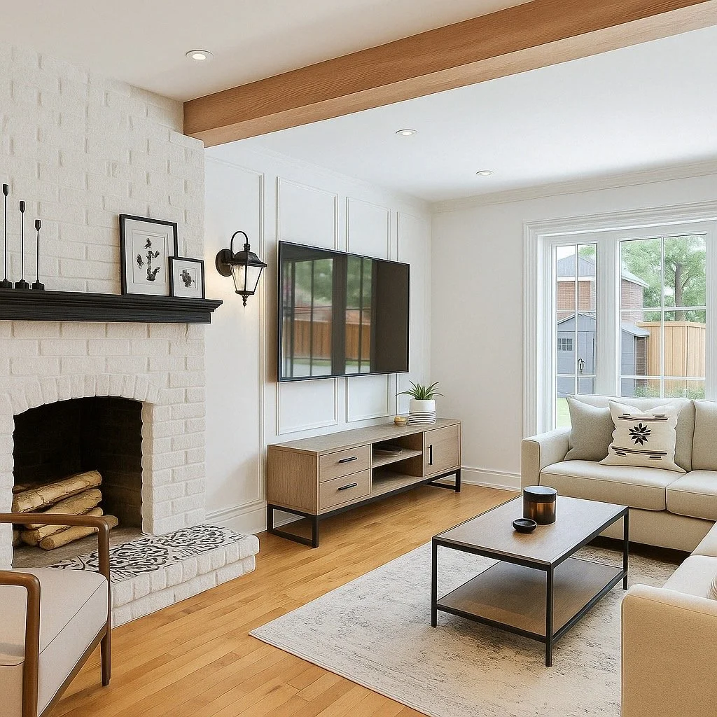 Living room with white brick fireplace, wall-mounted TV, beige sofa, coffee table, and large window with backyard view.