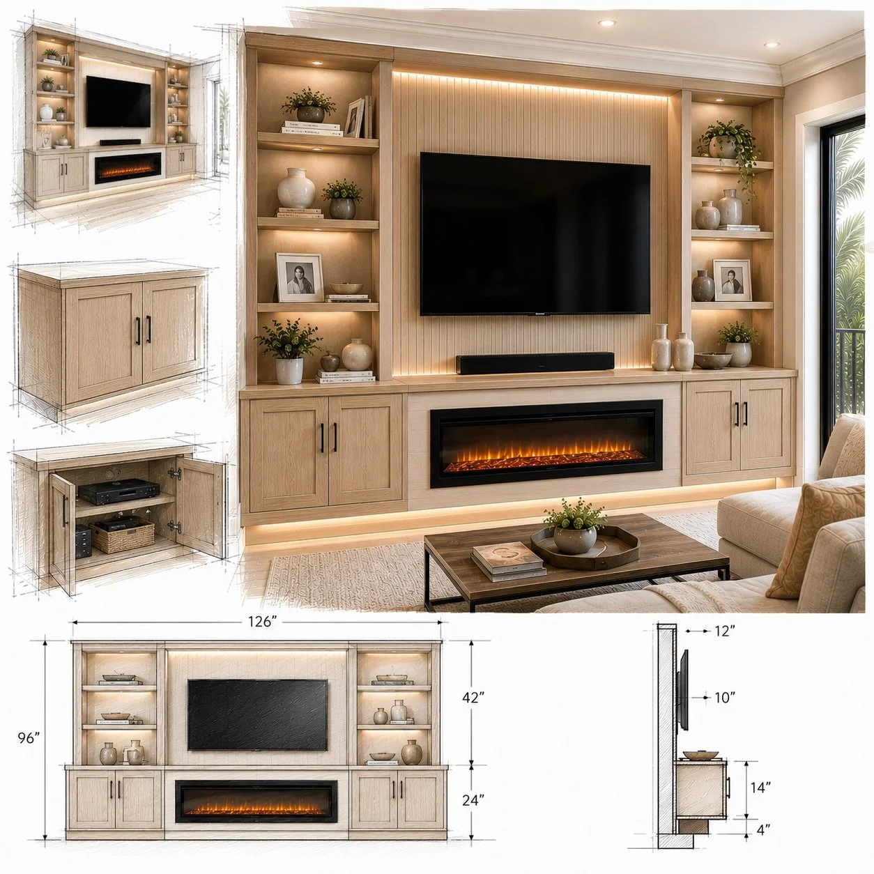 Custom entertainment center concept featuring built in cabinets shelving fireplace and TV wall design for Tampa living room