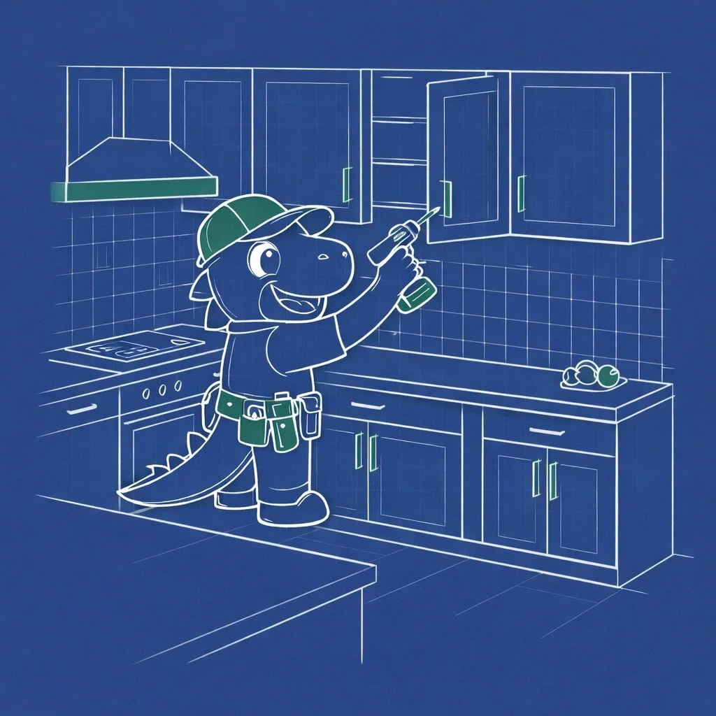 HandyRex installing kitchen cabinet doors and shelving in a modern kitchen