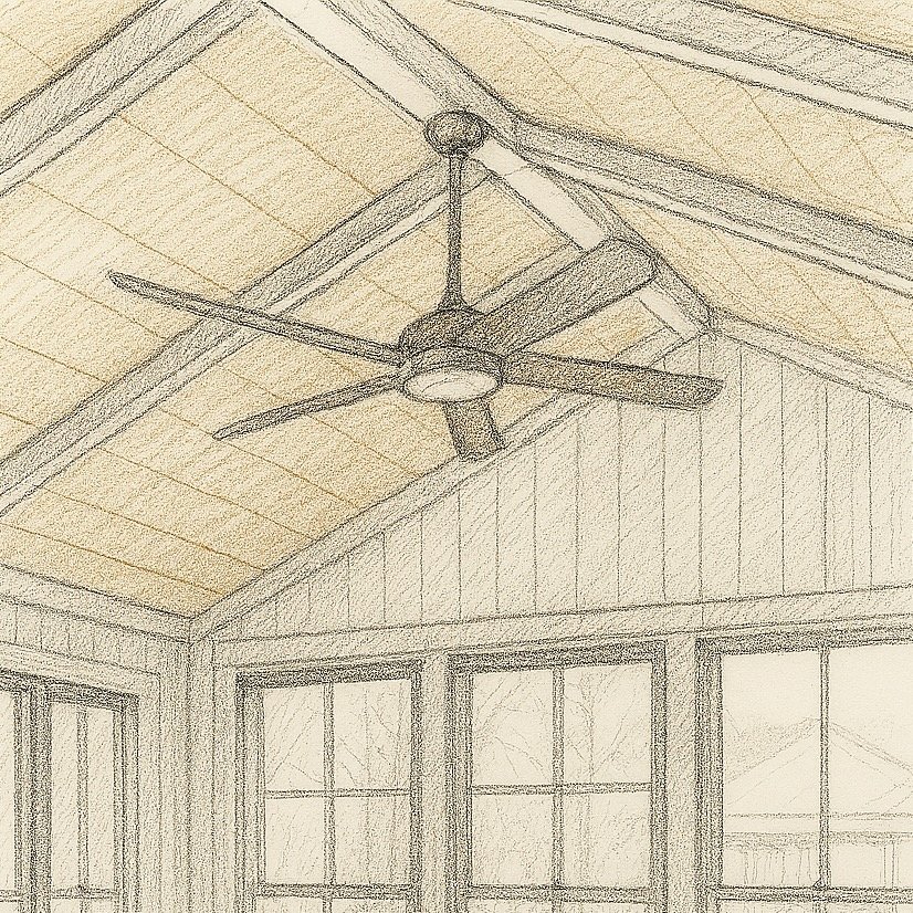 A sketch of a ceiling fan hanging from a vaulted ceiling with windows below.