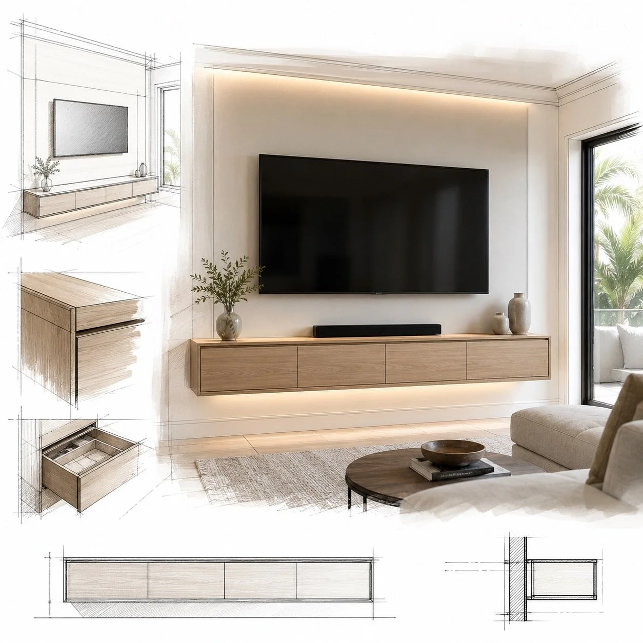 Floating cabinet media wall concept with wall mounted TV in Tampa home