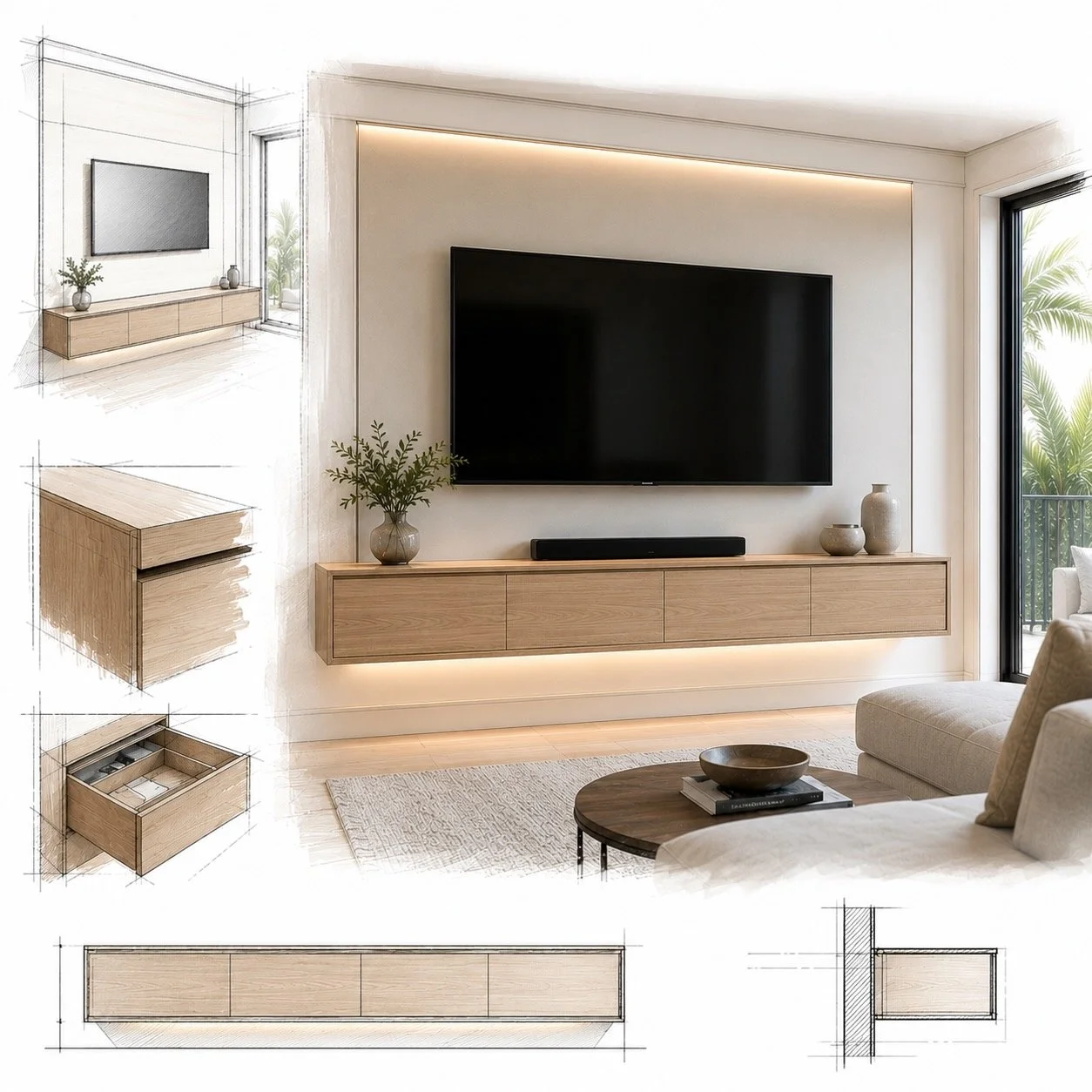 Architectural concept rendering of a floating cabinet entertainment center with wall mounted TV in Tampa living room