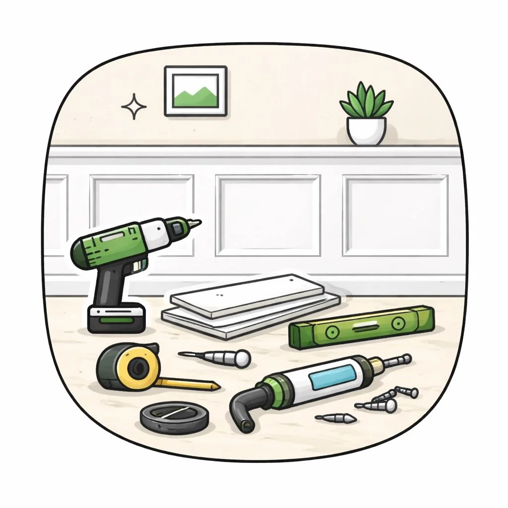 Tools and supplies for home improvement on a floor, including a cordless drill, a level, a tape measure, a screwdriver, screws, a small saw, and a few notebooks, with a wall and a plant in the background.