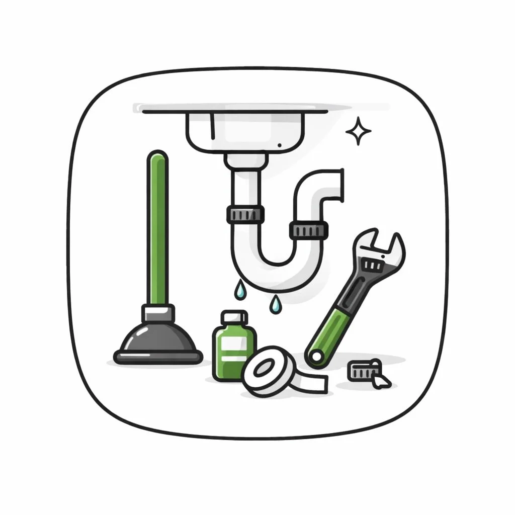 Illustration of plumbing tools and supplies including a plunger, a wrench, a bottle of cleaning solution, pipe fittings, and a drain under a sink with water droplets, set against a white background.