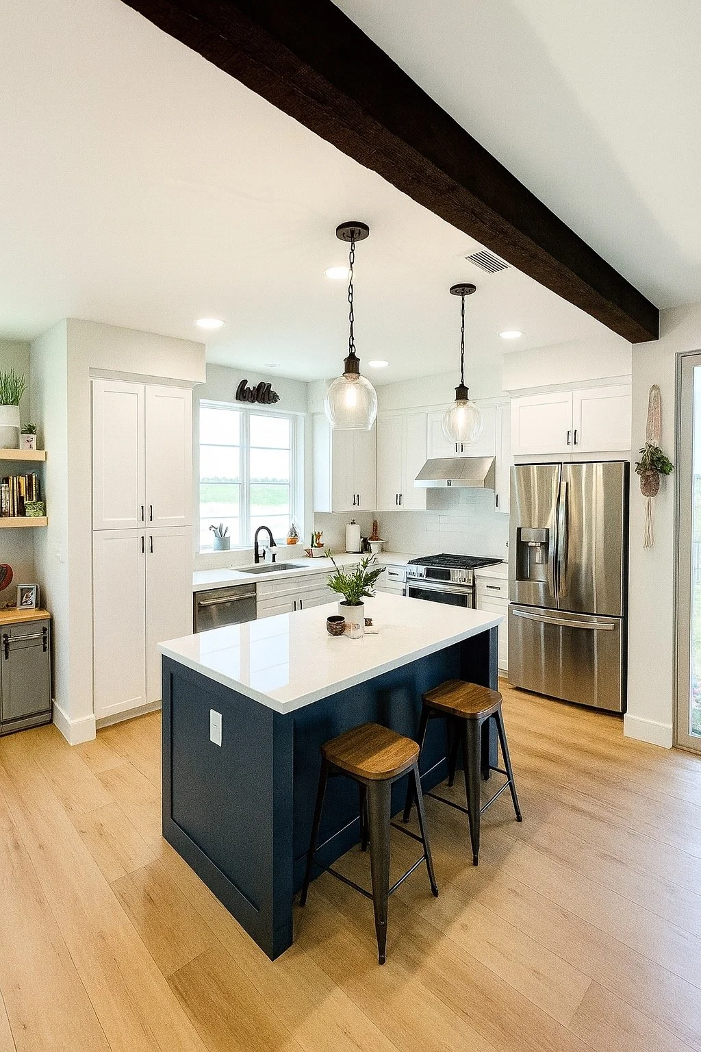 Modern kitchen with white cabinets, stainless steel appliances, a large navy blue island with a white countertop, and three wooden stool chairs. There are hanging pendant lights and a window above the sink.