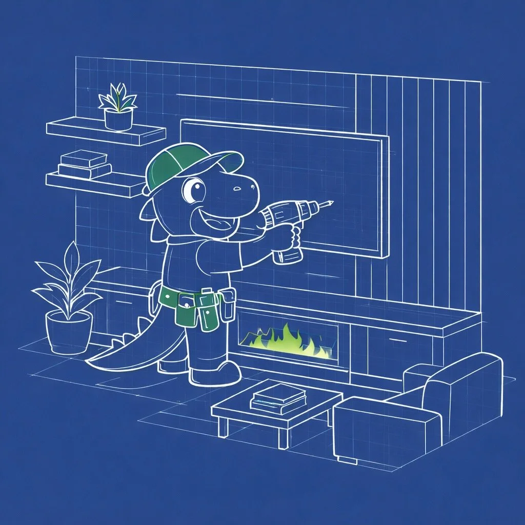 HandyRex installing TV wall mount and media wall shelving in a living room