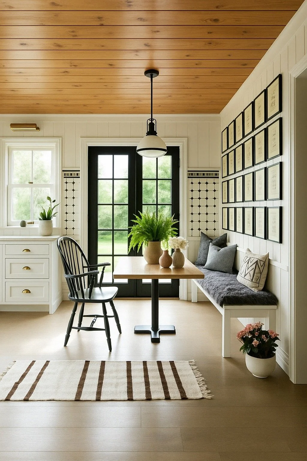 A cozy dining nook with a wooden ceiling, black framed glass doors leading outside, a white bench with pillows, a wooden table with vases and plants, and framed artwork on the wall.