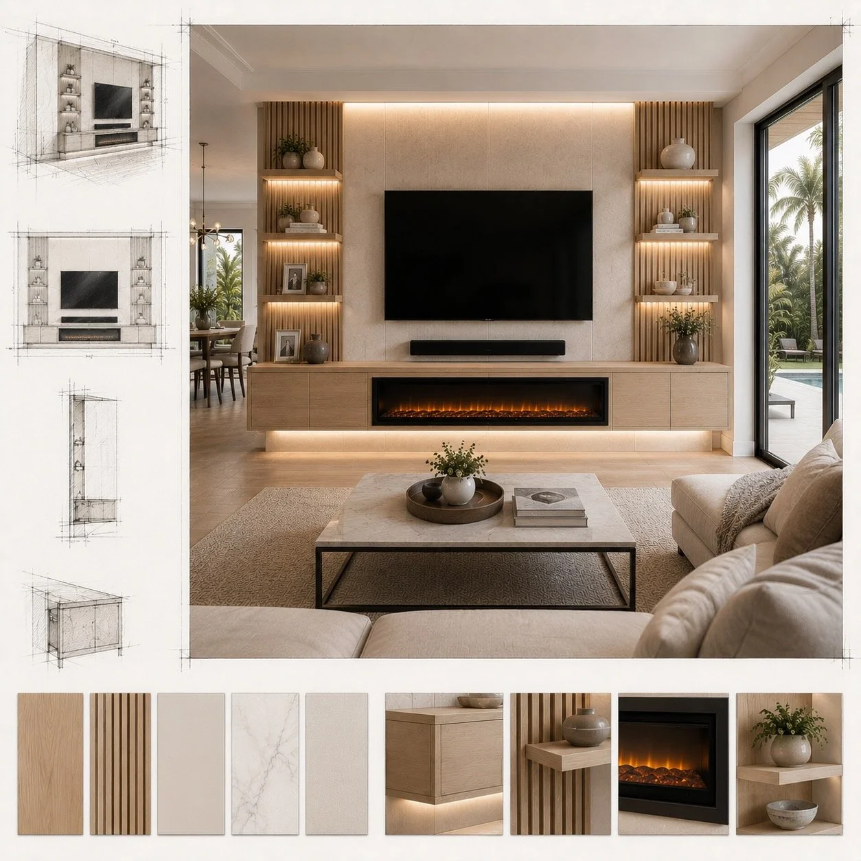 Contemporary media wall with electric fireplace, floating white oak cabinets, and built-in shelving concept for an Orlando home