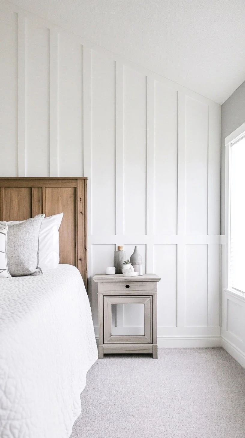 A bedroom with a wooden headboard, white bedding, a small light gray nightstand, decorative vases, a window letting in natural light, and a white paneled wall.