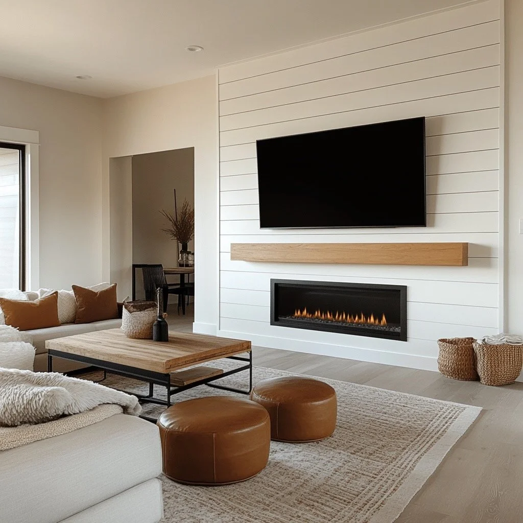 Living room with beige sofa, wooden coffee table, two brown leather ottomans, a rug, wall-mounted flat-screen TV, electric fireplace, and decorative baskets.