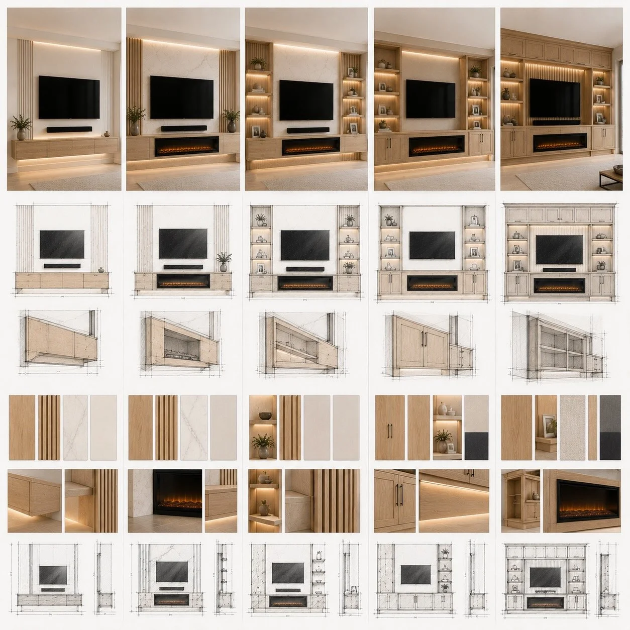 Comparison of five custom media wall designs with electric fireplaces and built-in cabinetry for Orlando homes