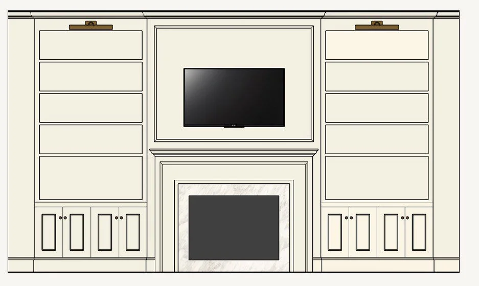 A digital drawing of a home entertainment center with a flat-screen TV above a fireplace, flanked by built-in shelving units with closed cabinets at the bottom.