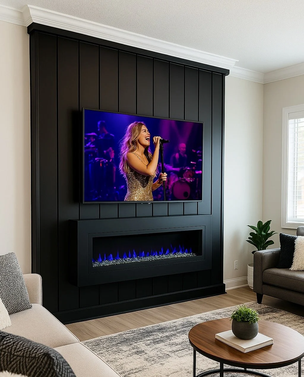Living room with beige and gray couches, a wooden coffee table with a plant, a black accent wall with a mounted TV displaying a singer, and an electric fireplace below the TV.