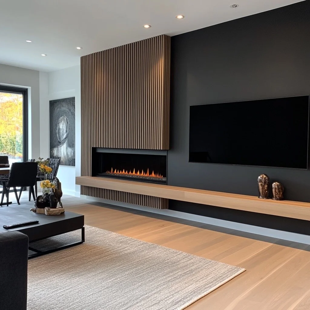 Modern living room with a black accent wall, a large flat-screen TV, a fireplace with a wooden slat surround, and a wooden bench below the TV. There is a black and beige rug, a black coffee table, and a dining area with a window showing autumn foliag