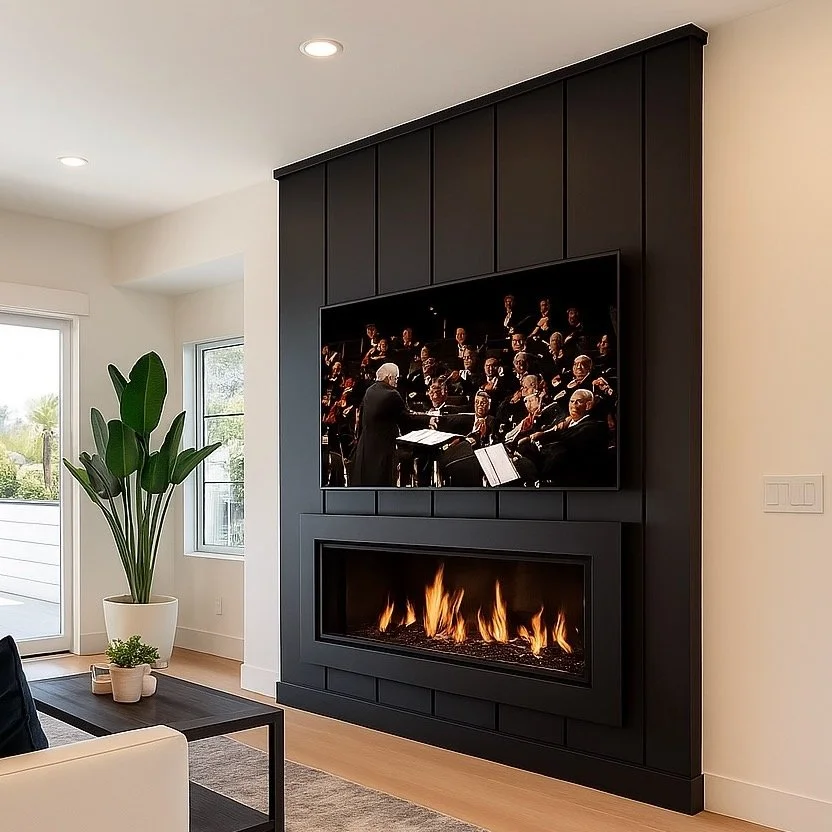 Modern living room with a black accent wall featuring a mounted TV and a fireplace below it, a large potted plant near a window, and a coffee table with decorative items.
