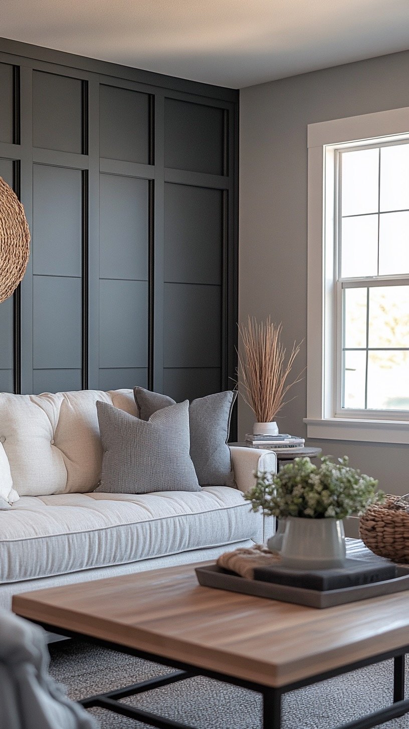 Living room with white sofa, gray pillows, black paneled wall, large window, vase with dried grass, and coffee table with flowers.