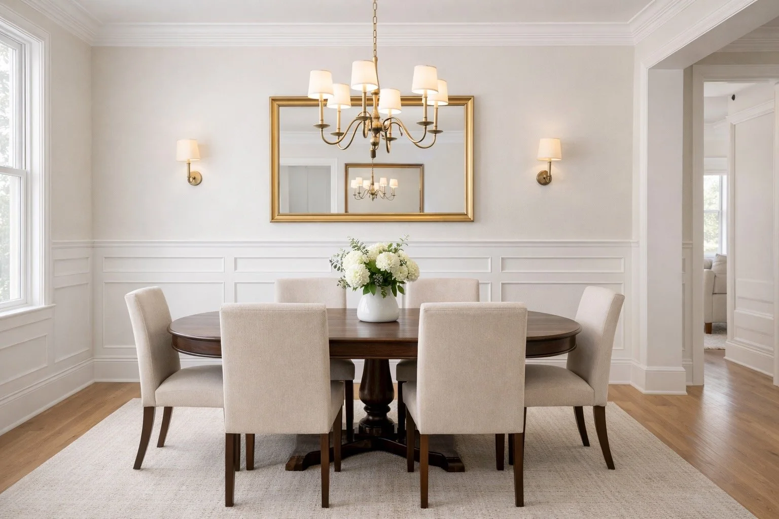 Wainscoting accent wall in Tampa dining room with classic paneling and elegant interior