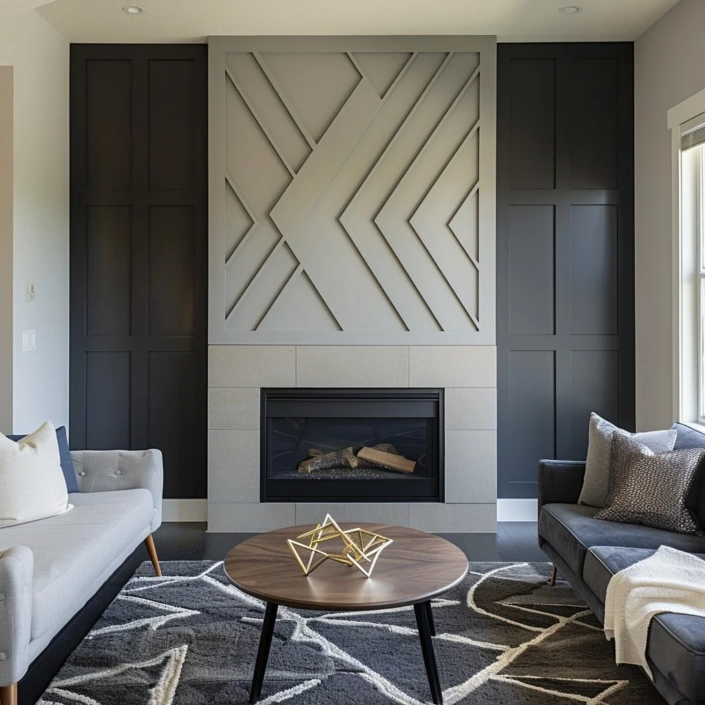 Modern living room with gray and black decor, a geometric wall art piece above a fireplace, a beige sofa, a dark gray sofa, a round wooden coffee table with gold geometric decor, and a patterned black and gray area rug.