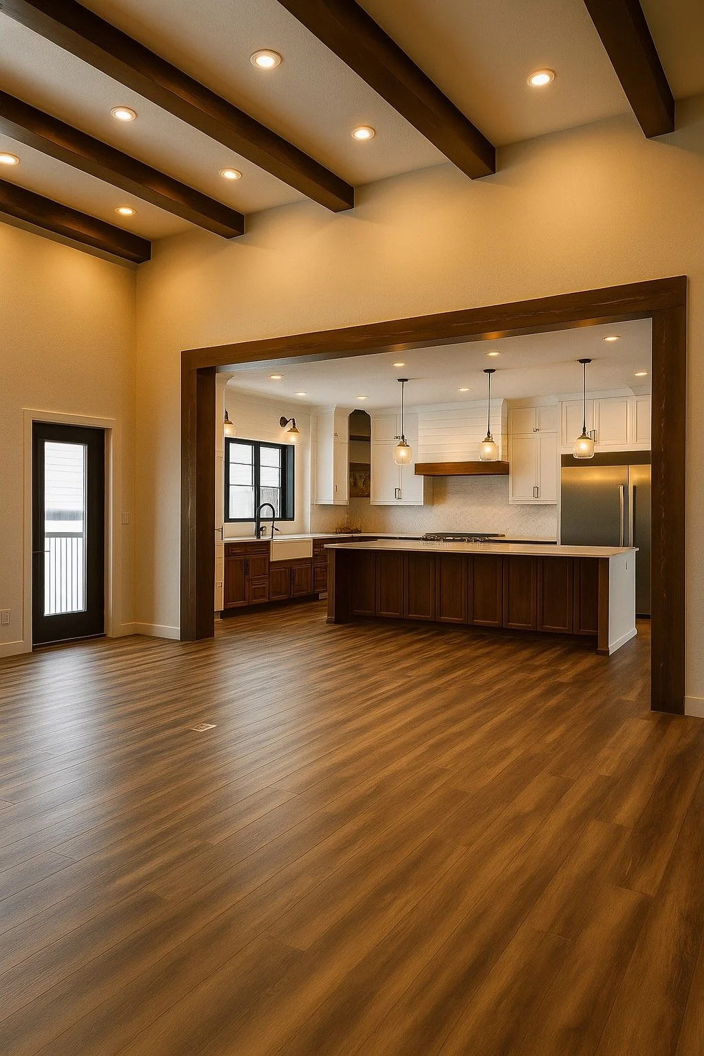 Empty open-concept kitchen and dining area with wood flooring, white walls, and recessed and pendant lighting. Kitchen features white cabinets, a large island with dark wood base, and stainless steel appliances.