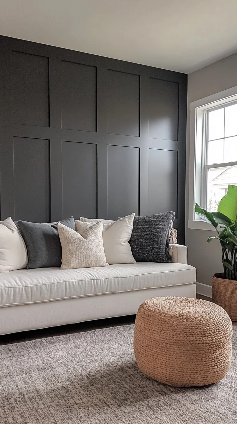 Living room with a white sofa, gray, white, and black pillows, a beige woven pouf, a large green plant, a window, dark gray paneled wall, and a patterned area rug.