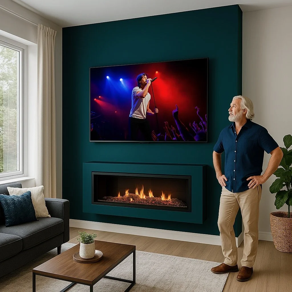 A man stands in a living room watching a large flat-screen TV mounted on a teal accent wall, displaying a singer performing on stage with red and blue stage lights. Below the TV is a modern fireplace with a fire burning. The living room has a sofa wi