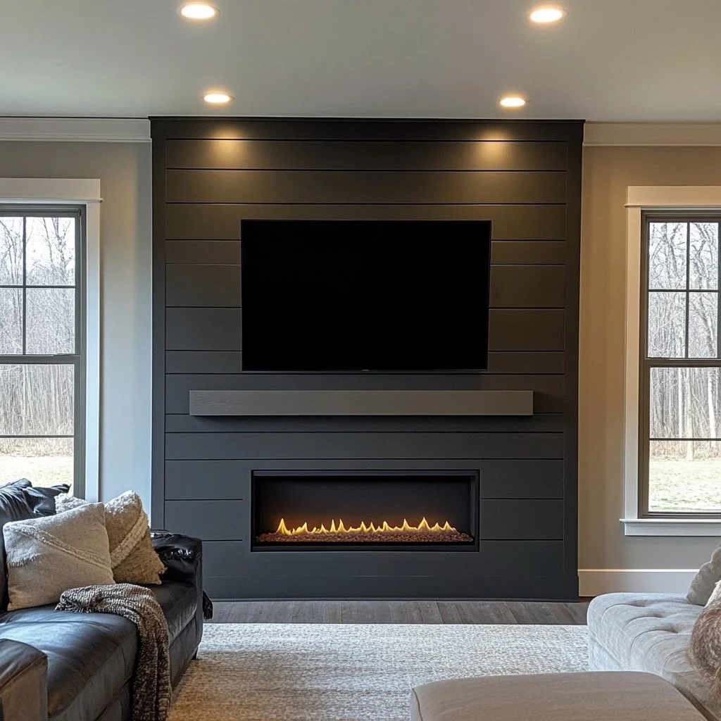 Living room with a black accent wall, a mounted flat-screen TV, a built-in electric fireplace below, two large windows on either side, a black leather sofa with pillows, and a beige armchair, illuminated by recessed ceiling lights.