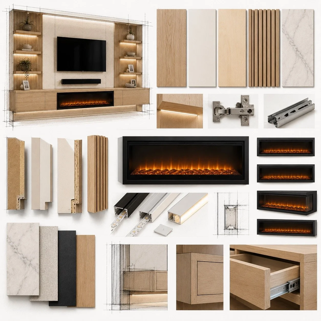 Media wall materials board featuring white oak veneer, painted MDF, wood slats, LED lighting, cabinet hardware, and electric fireplace components