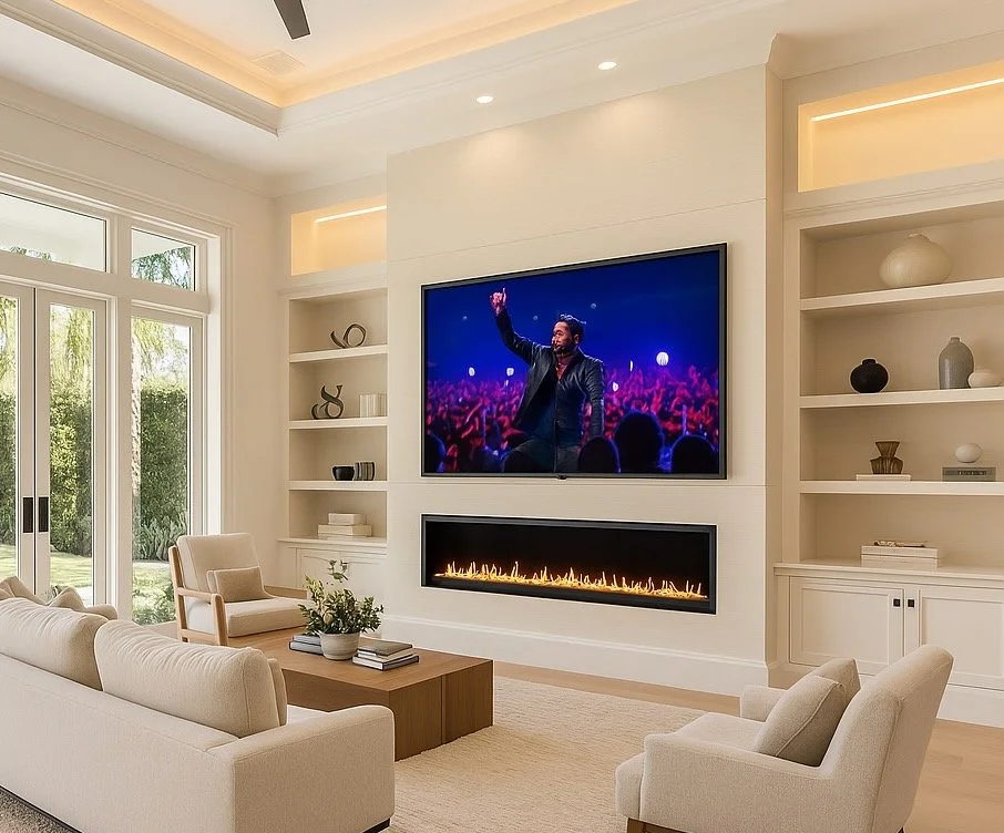 Living room with white walls, large windows, beige sofa, and armchairs. Flat-screen TV on wall showing a performer on stage, with a modern fireplace below. Built-in shelves with decorative items and a coffee table with books and plants.