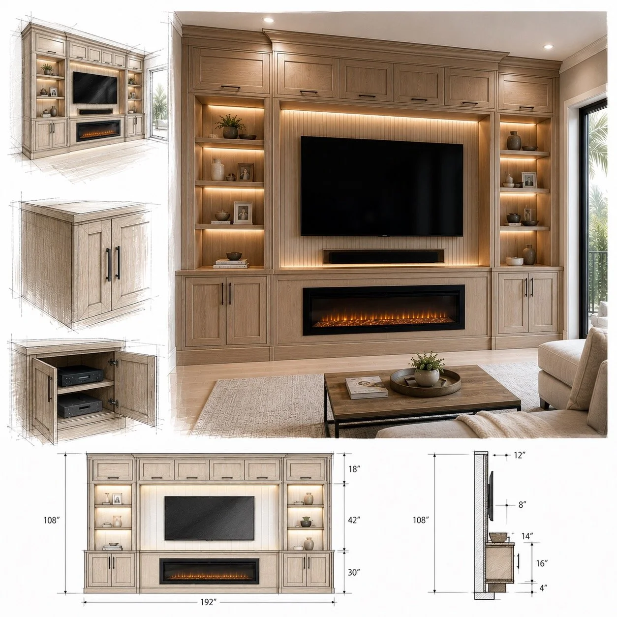 Floor to ceiling MediaVault built-in entertainment center concept with fireplace and cabinetry