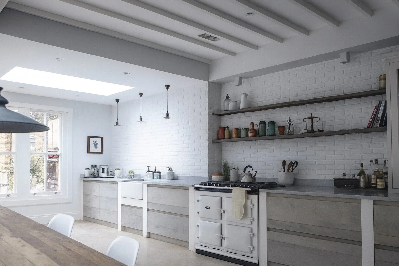 Bright, modern kitchen with white brick walls, open shelves with decorative jars and books, large window, and vintage white stove.
