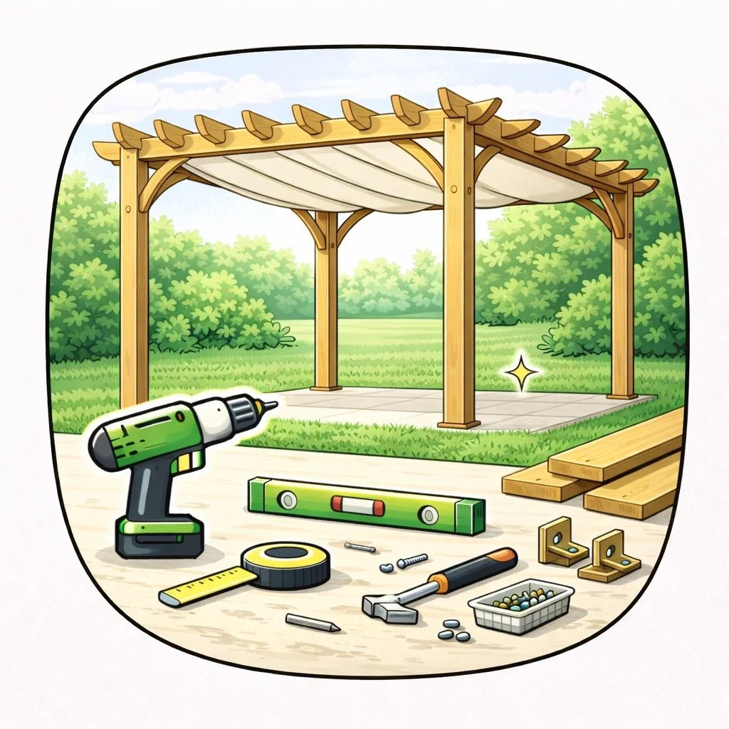 Modern backyard with pool, loungers, trees, desert plants, and a covered patio with outdoor furniture.