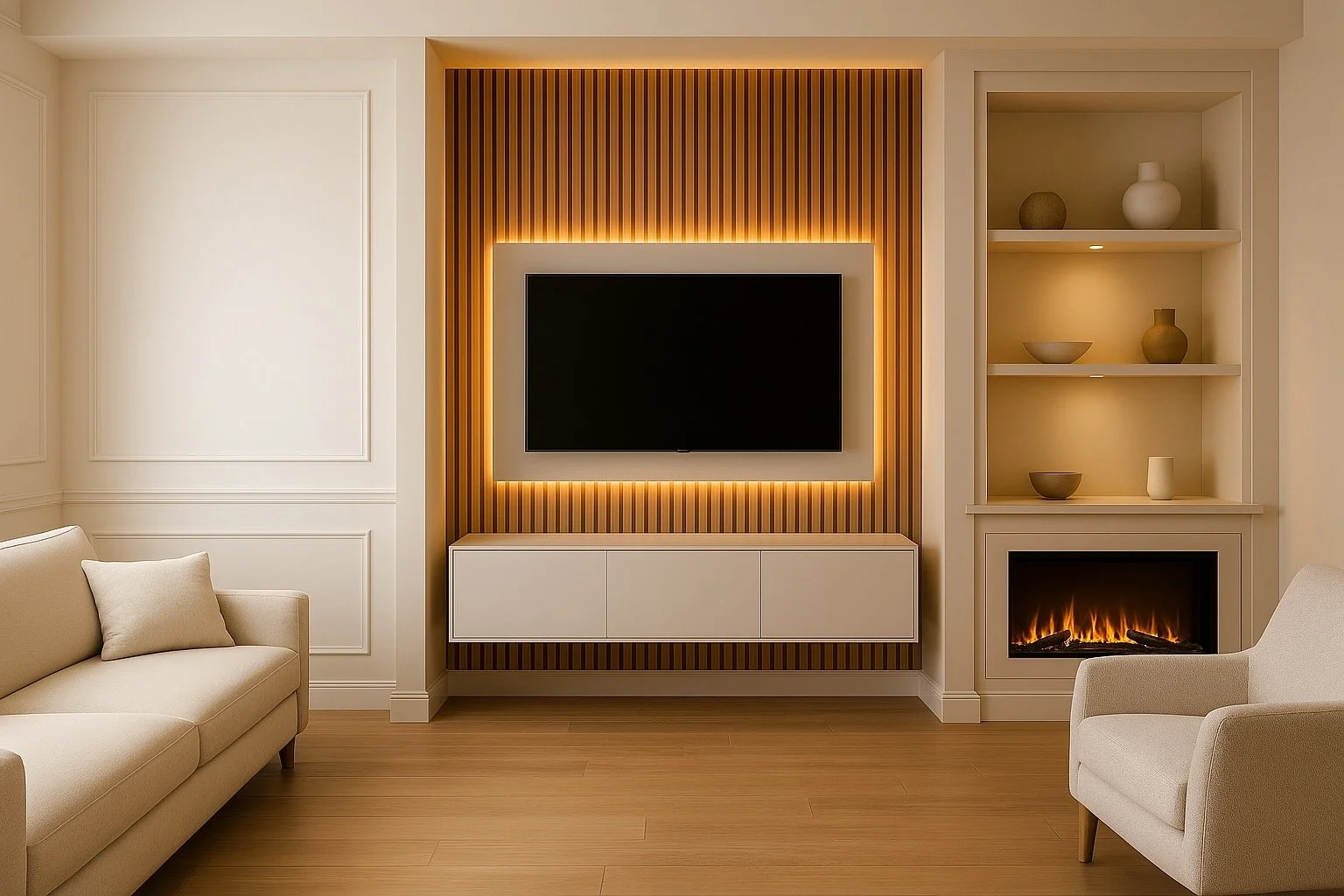 Modern living room with beige sofa and armchair, a wall-mounted TV surrounded by a wood-paneled accent wall with backlighting, a built-in cabinet below the TV, and a electric fireplace to the right with decorative vases on shelves above.