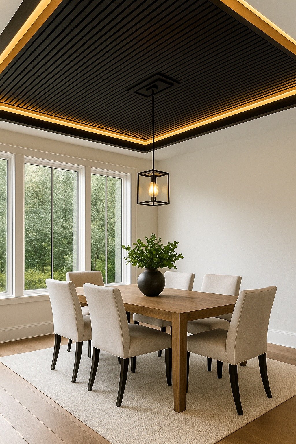 Dining room with a wooden table, six beige chairs, a black vase with green leaves, large windows with greenery outside, a beige rug, and a modern light fixture hanging from a black ceiling with wood accents and LED lighting.