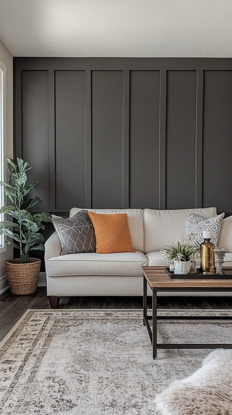 Living room with a white sofa, decorative pillows, a coffee table with a tray, plant, and a dark accent wall paneling.