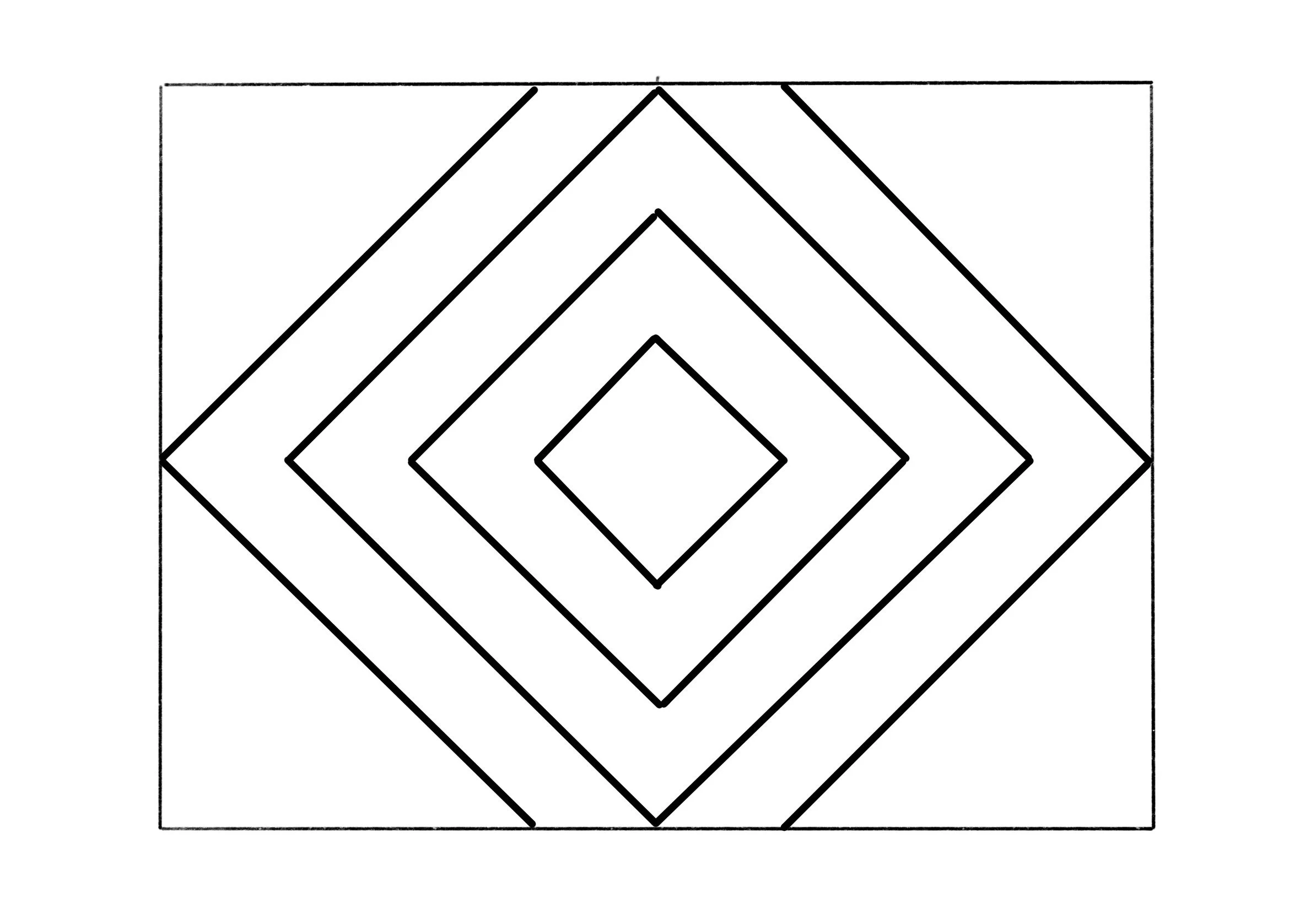 Black line geometric pattern featuring concentric diamonds inside rectangles, creating a layered effect.