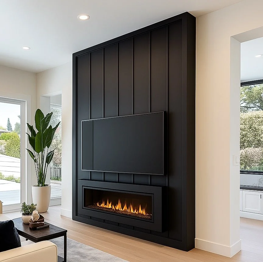 Modern living room with black paneled accent wall, mounted flat-screen TV, and electric fireplace below it, with large window and indoor plants nearby.