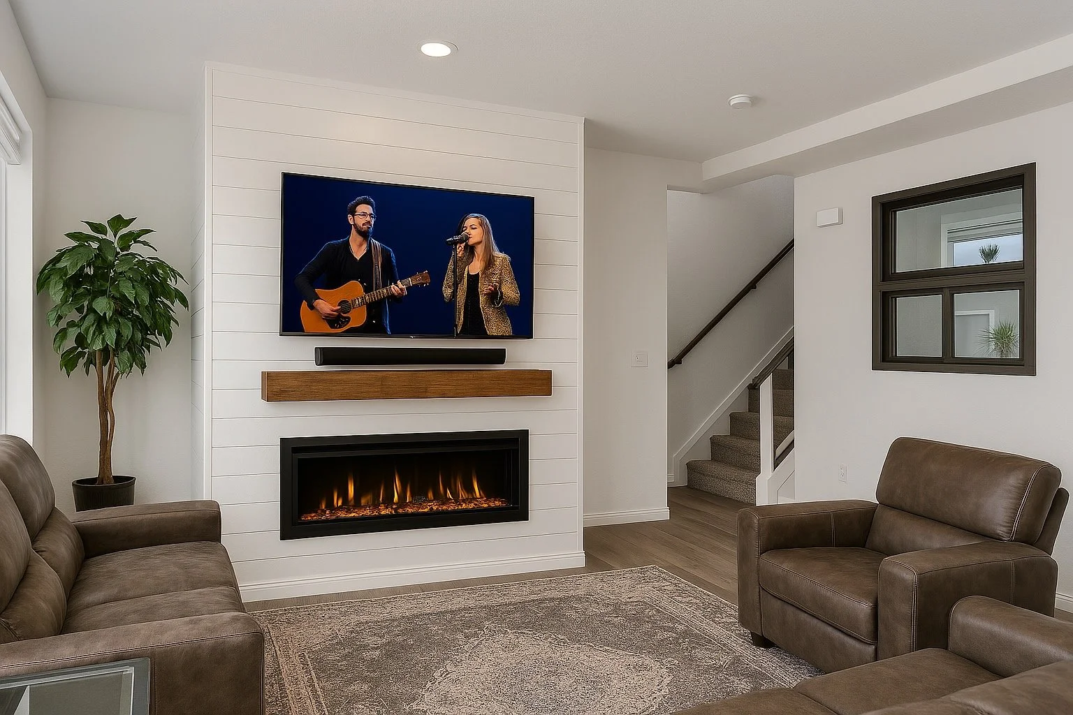 Living room with a wall-mounted flat-screen TV showing a man playing guitar and a woman singing, a fireplace beneath the TV, a tall potted plant on the left, brown leather sofa and armchair, and windows on the right side