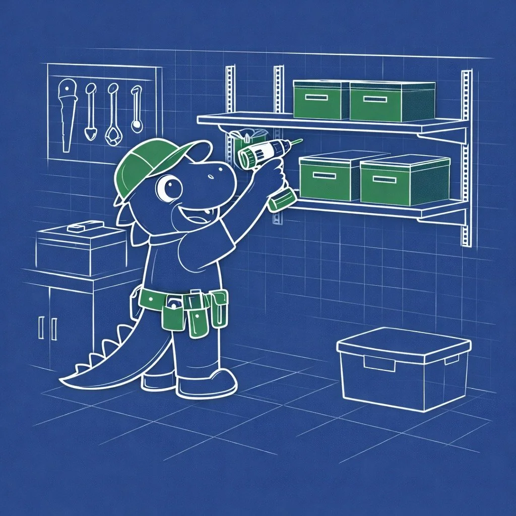 HandyRex installing garage wall shelving storage system with tools and storage boxes