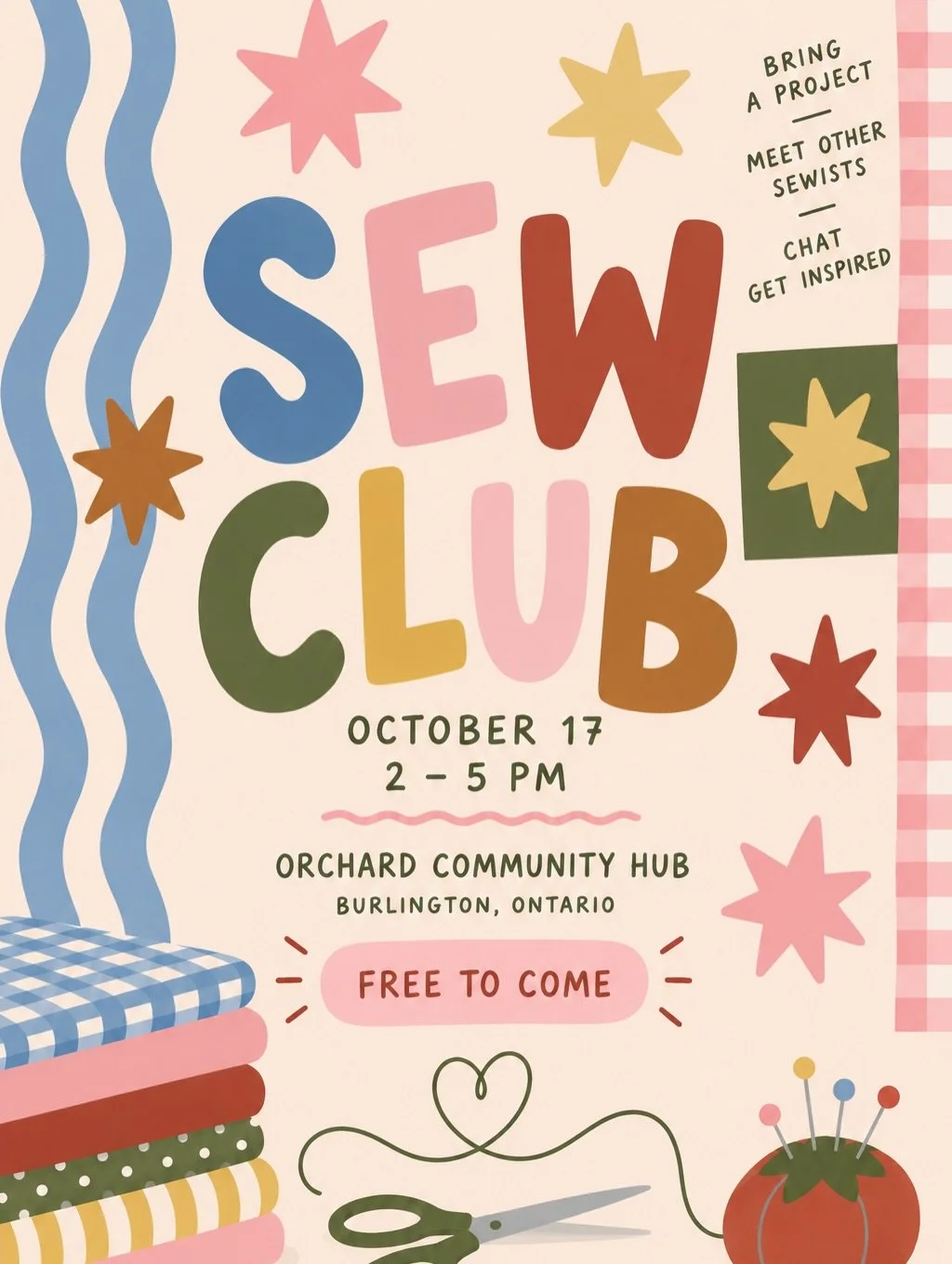 Burlington Sew Club is back! If you&rsquo;d like to come sew with us, we&rsquo;ll be meeting on Saturday October 17, from 2-5pm at the Orchard Community Hub! 

Come meet other sewists, work on a project and make new friends!! 

The event is free to a