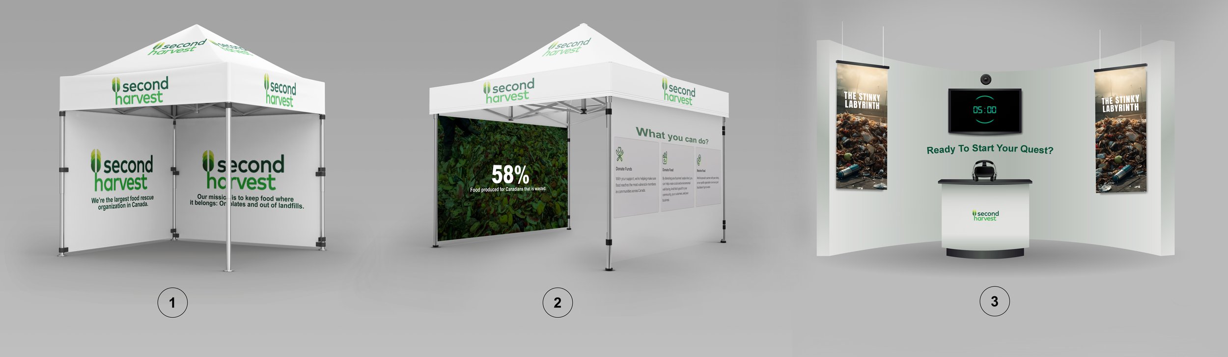 Tent mockup - L to R - About Second Harvest, Food waste stats, VR 4Dx room (audio file above)