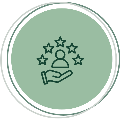 Icon of a hand holding a person surrounded by stars, representing support or care.