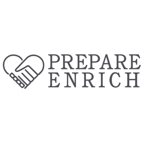 A logo with a heart outline containing a pencil, and the words "PREPARE & ENRICH" next to it.