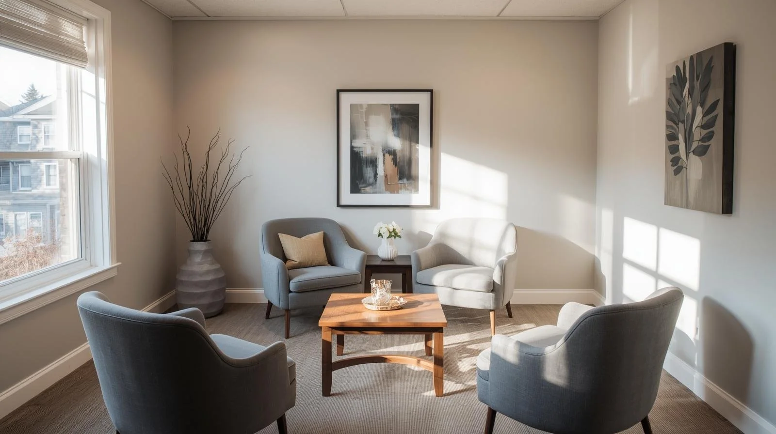 A cozy living room with four gray armchairs arranged around a small wooden coffee table, a side table with a white vase of flowers, and framed artwork on the walls, illuminated by sunlight coming through a large window.