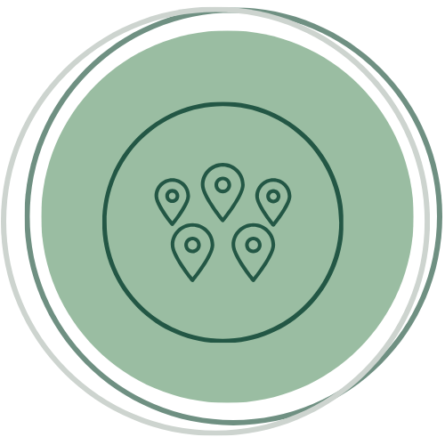 Icon of five location pins inside a circle, representing multiple locations or a location map.