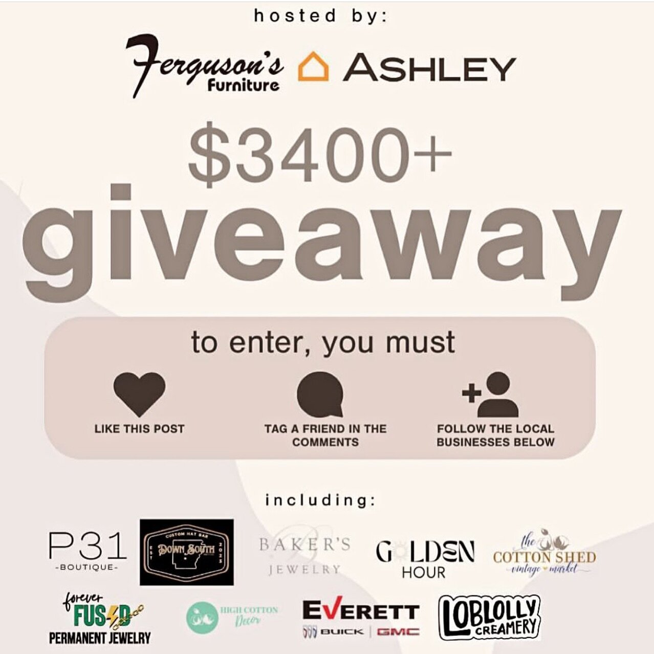 SPRING GIVEAWAY!☀️
Some of your favorite local businesses have teamed up to give ONE lucky winner the ultimate spring refresh worth over
$3400! Our winner will receive:
&bull; $2500 to spend at @fergusonsofbenton or @ashleyotbryantar
&bull; $50 @p31.