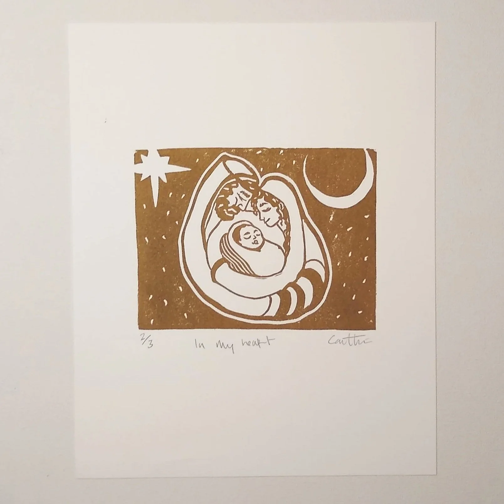 "In My Heart" Gold Nativity Linocut Print
