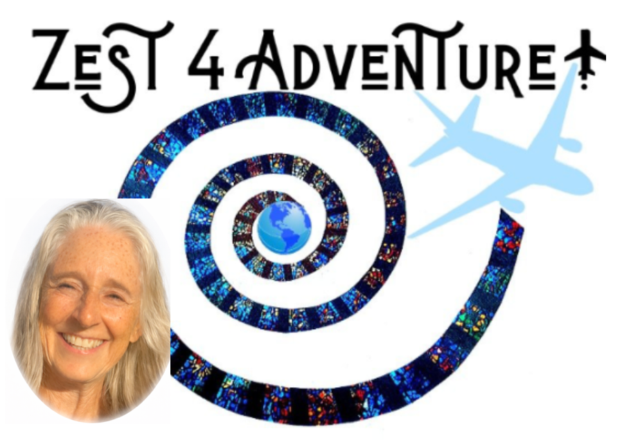 Colorful spiral with an globe at the center, text reads 'Zest 4 Adventure', with an illustration of a plane and a smiling woman in the bottom-left corner.