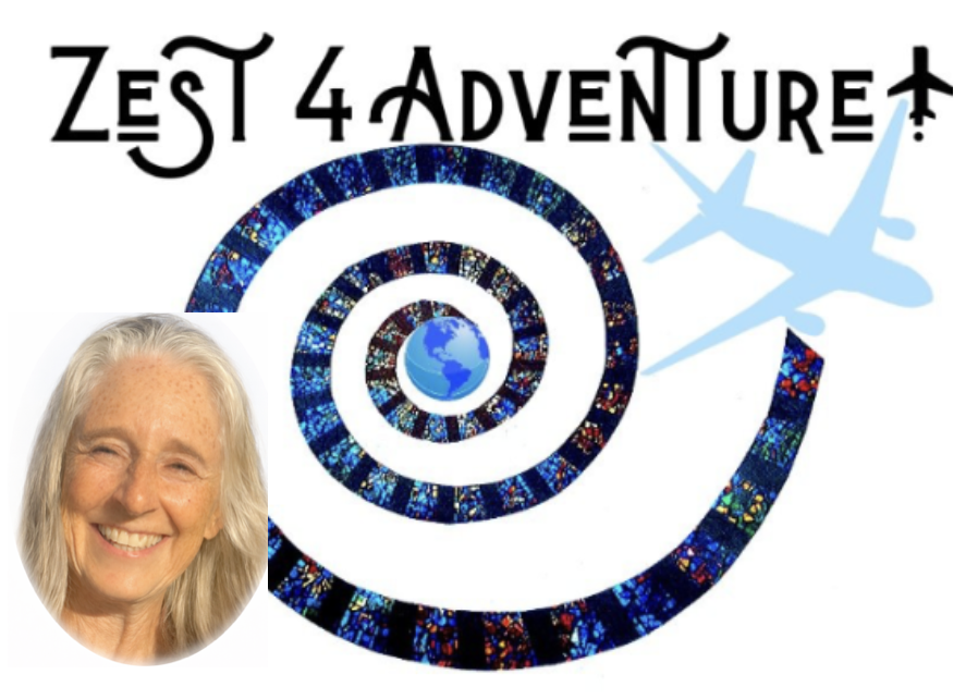 A colorful spiral with a globe at the center, two blue airplanes above, and the text 'Zest 4 Adventure' at the top. A woman with gray hair and a bright smile in a circular inset at the lower left corner.