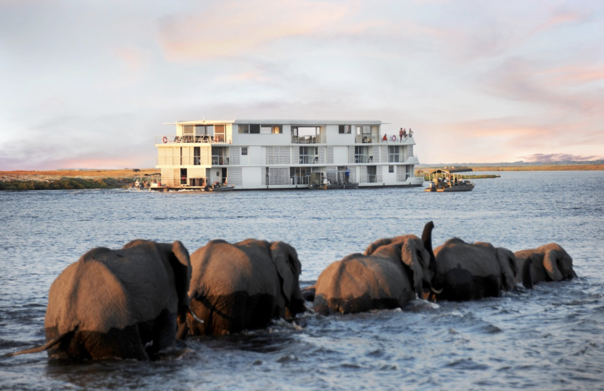 Elephants walking through water with a floating house and boats in the background at sunset.