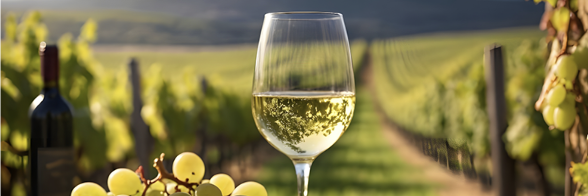 A glass of white wine in a vineyard with grape clusters and rows of grapevines in the background.